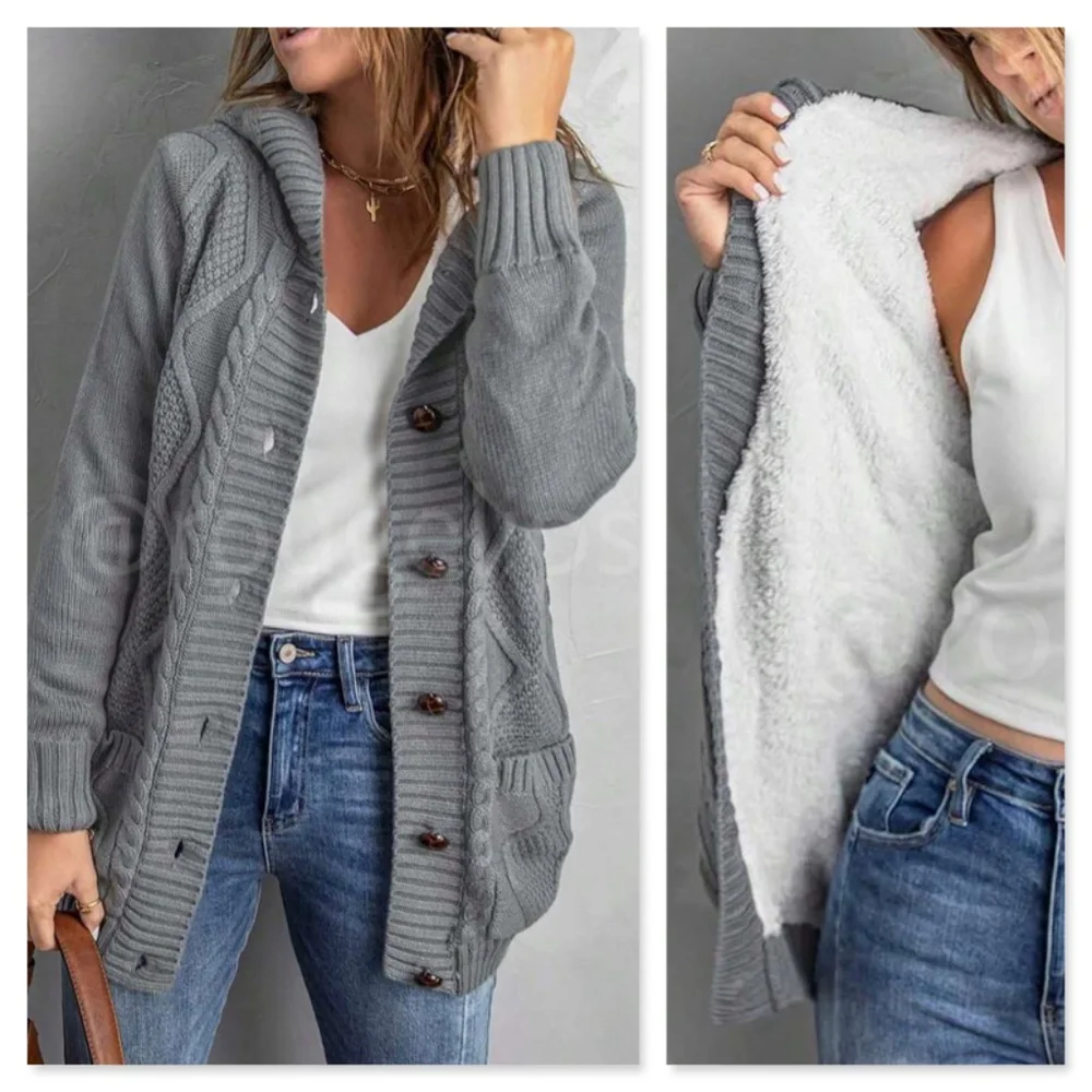 Sherpa Grey Knit Hooded Cardigan Front Pockets Long Sleeves Hip Length Buttoned - Picture 1 of 17